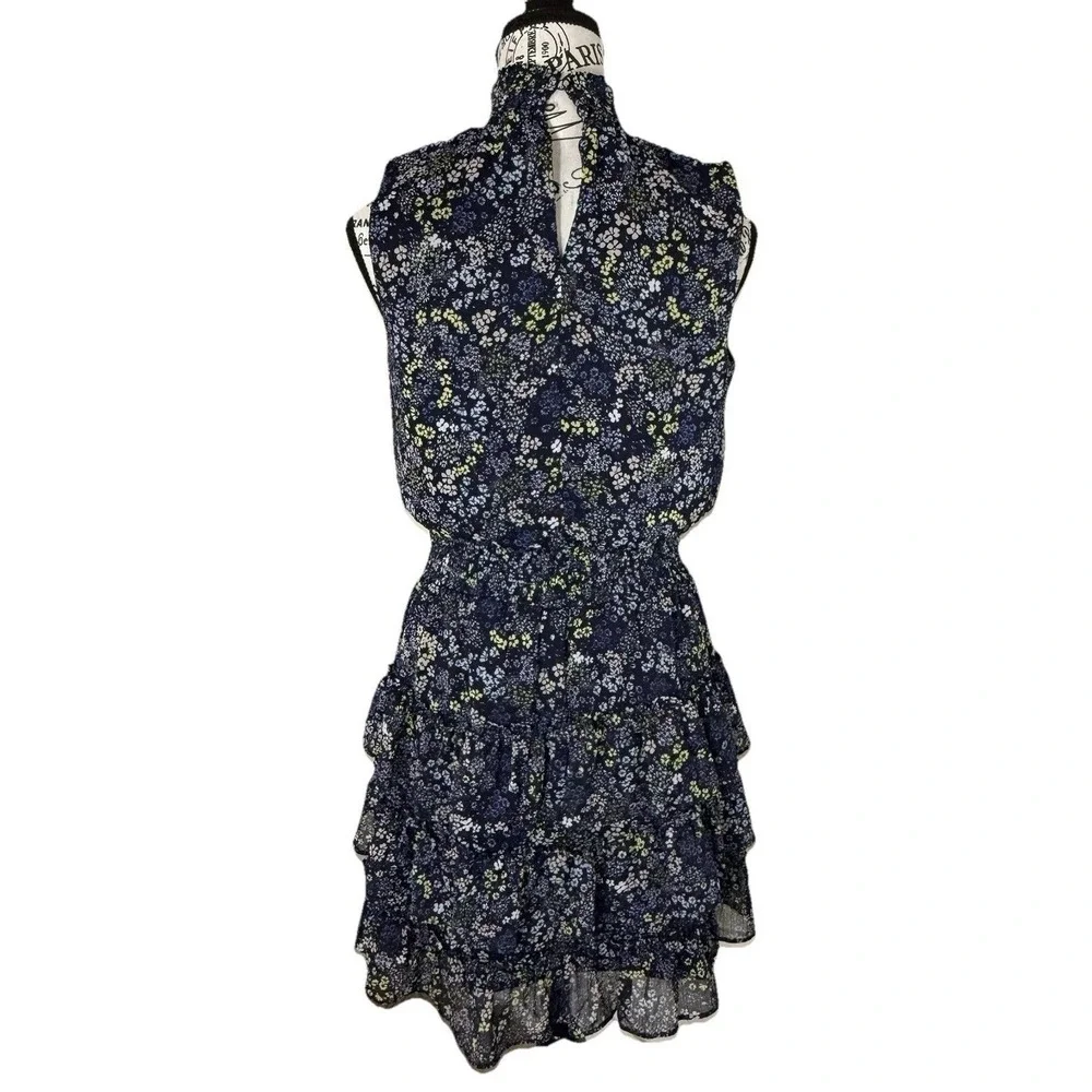 Women's Blue Floral Mini Dress Size Small Sleeveless Mock Neck Fit & Flare Party